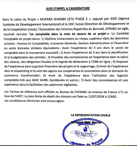 Recrutement d’un responsable et comptable du Projet et MUPAKA SHAMBA LETU PHASE II (MSL)